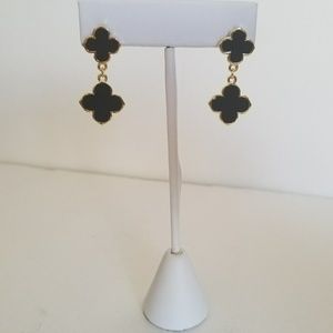 Gold plated earrings, black enamel clover.